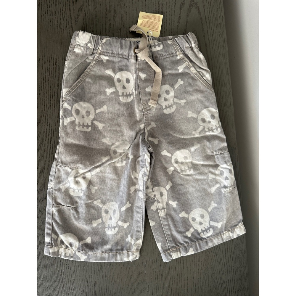 NWT Mini Boden Boys Grey Skull‎ Crossbones Long Shorts Elastic Waist Size 6Y NEW